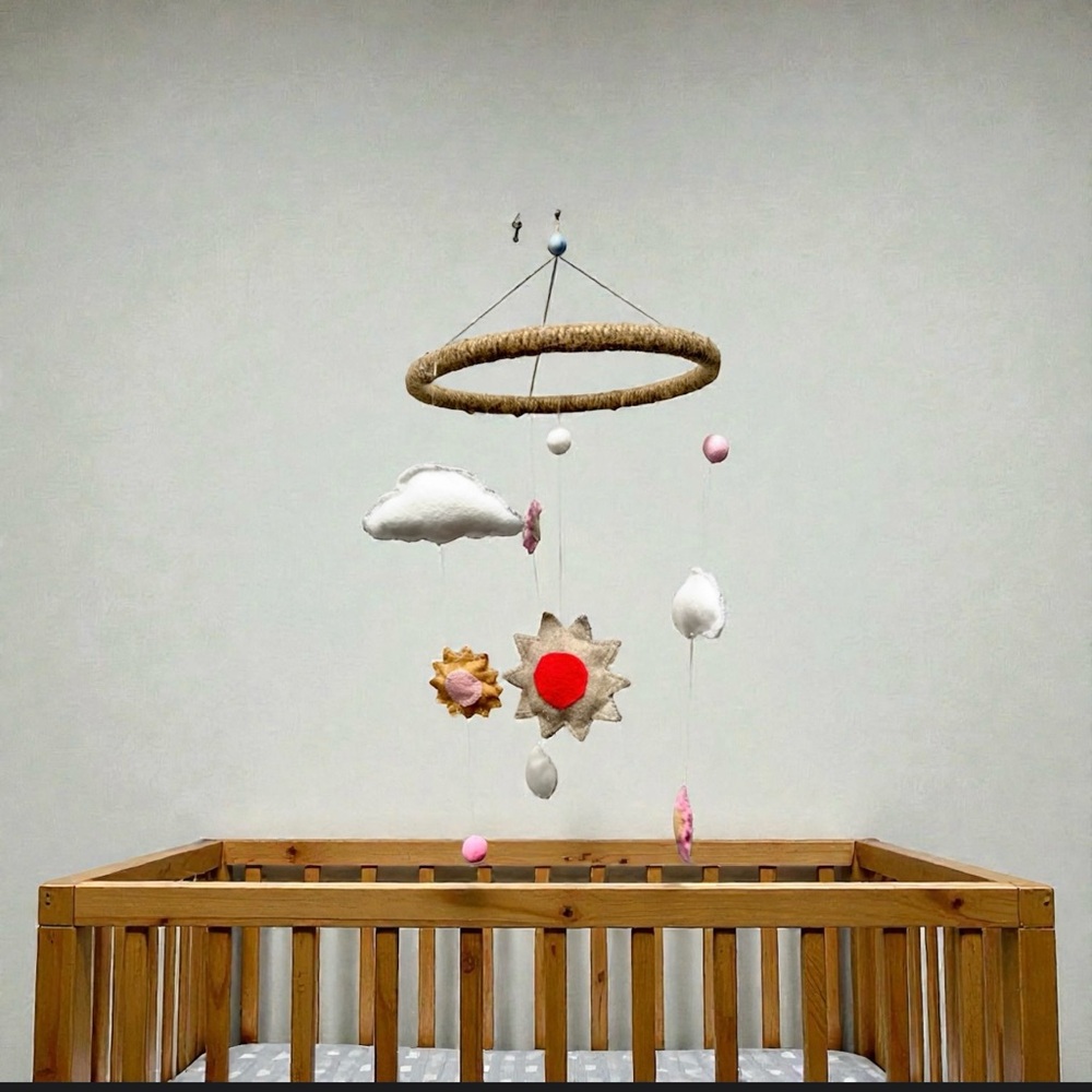 Clouds/Sun Pink Boho Felt Mobile | Baby Shower | Nursery Decor